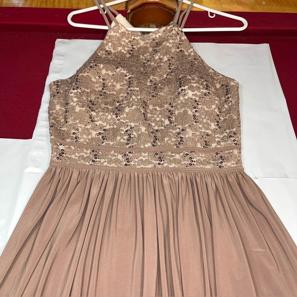 Nightway Brown Beige Lace Sequin HALTER Dress NEW GOWN Stretchy Maxi SIZE 10 NWT
